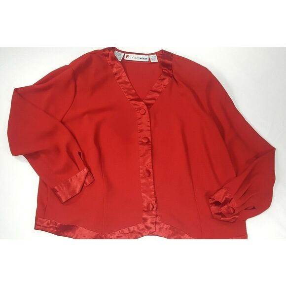 Vntg Chaus Woman Plus Size 20 Red Button Front Top Blouse Satin Trim - Picture 1 of 5